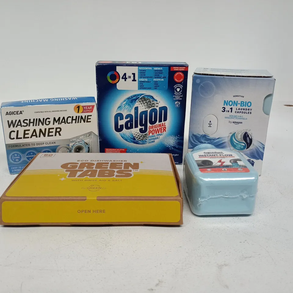 TOTE OF APPROXIMATELY 7 ASSORTED ITEMS TO INCLUDE CALGON, GREEN TABS, NON BIO LAUNDRY CAPSULES, WASHING MACHINE CLEANER ETC