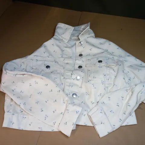 NOBODYS CHILD DENIM CROP JACKET IN WHITE WITH FLORAL PATTERN - UK 10