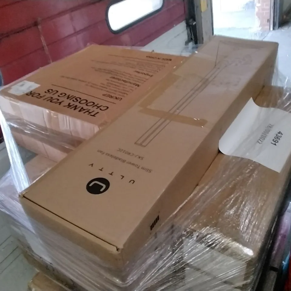 PALLET OF ASSORTED ITEMS INCLUDING ULTTY SLIM TOWER BLAMELESS FAN, TOKVEN MIRROR CABINET, KILLABEE, ADJUSTABLE ELECTRIC STANDING DESK FRAME, KESCAS OTTOMAN FOLDING BED