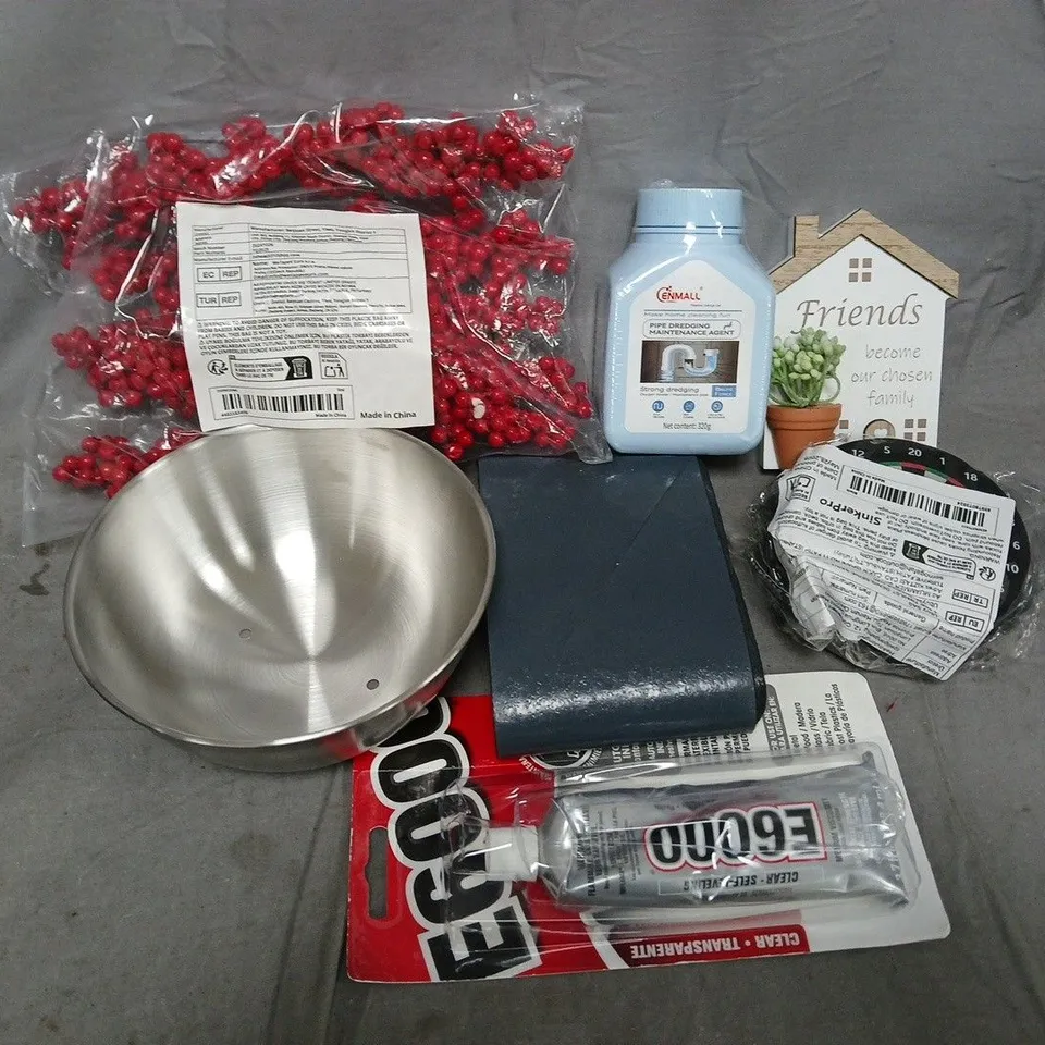 APPROXIMATELY 12 ASSORTED HOUSEHOLD ITEMS TO INCLUDE PIPE DREDGING AGENT, E6000, CUTLERY, ETC