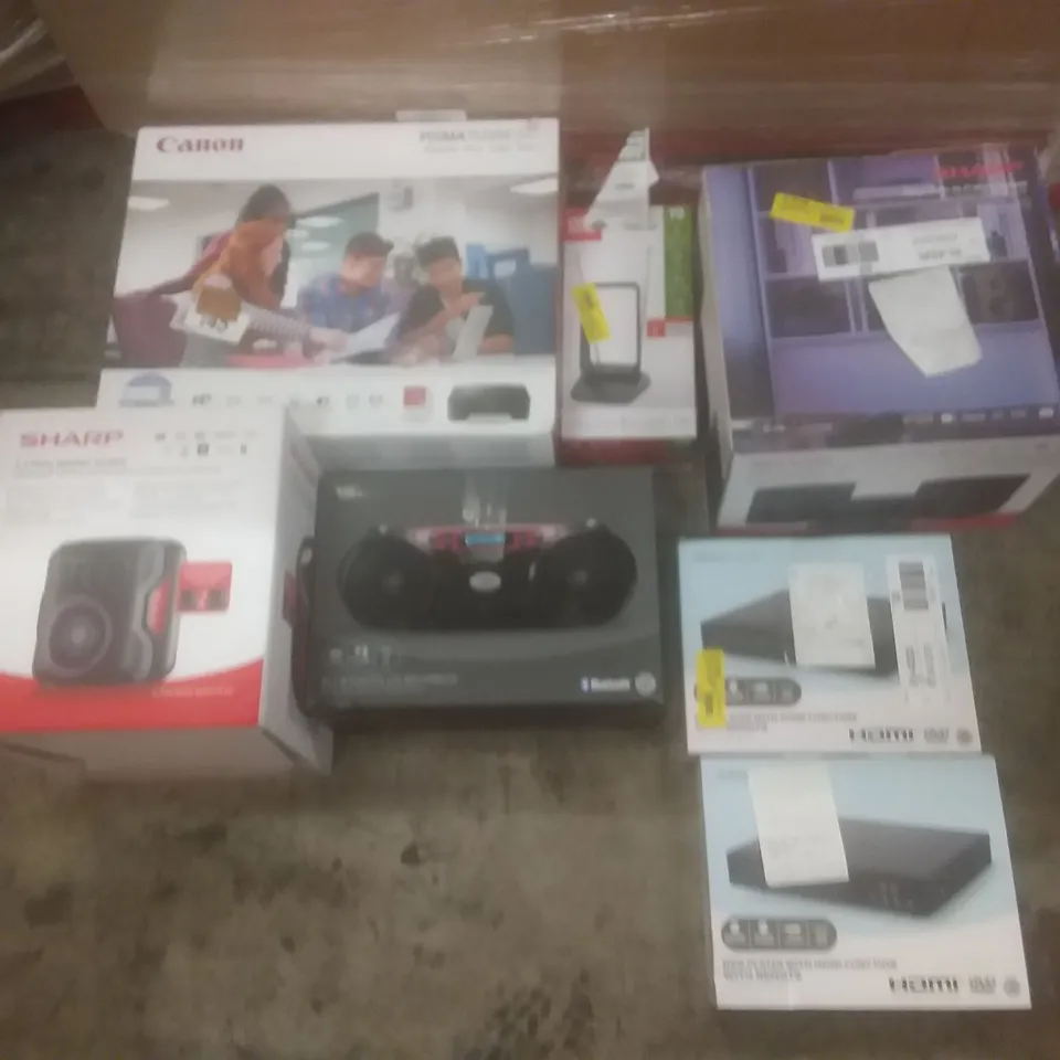 PALLET OF LARGE AMOUNT OF ASSORTED PRODUCTS TO INCLUDE PRINTERS, PARTY SYSTEM, AND KEYBOARDS ETC
