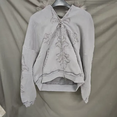 GREY ZIP-UP HOODIE WITH FAUX FUR-TRIMMED HOOD AND EMBROIDERED DETAILING SIZE M