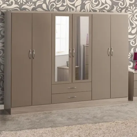 BOXED NEVADA 6 DOOR, 2 DRAWER WARDROBE - OYSTER GLOSS/LIGHT OAK (4 BOXES) 