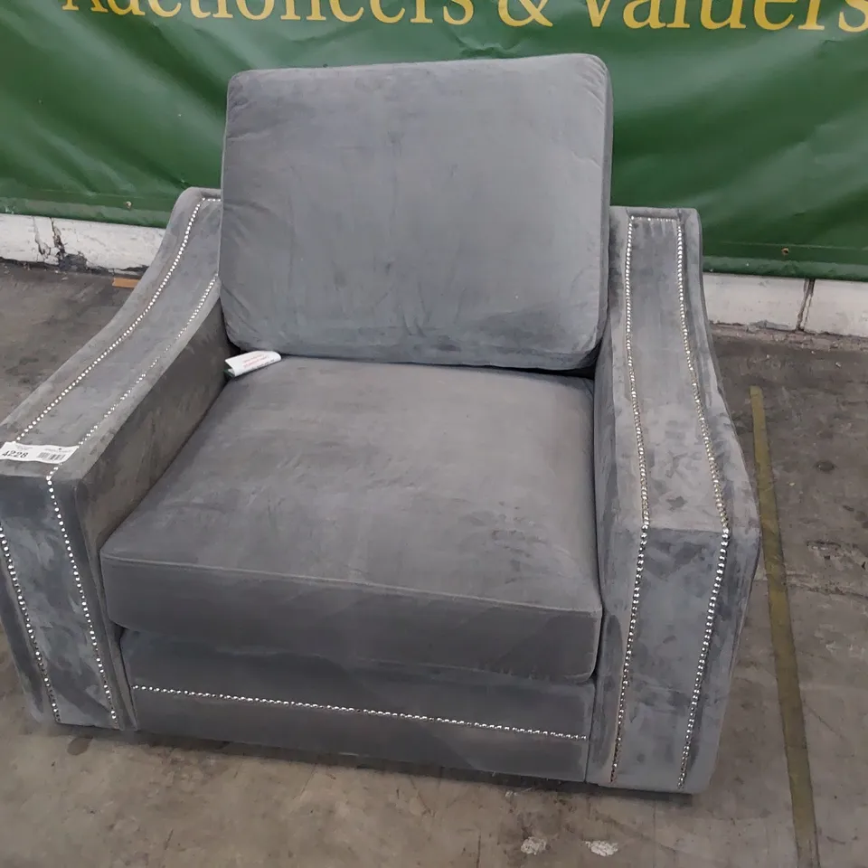 DESIGNER EASY CHAIR GREY PLUSH FABRIC WITH STUDDED DETAIL 
