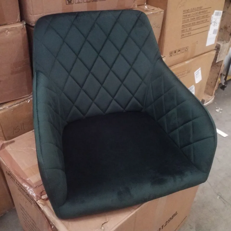 BOXED PAIR OF SOFT VELVET UPHOLSTERED GREEN SIDE/DINING CHAIRS.