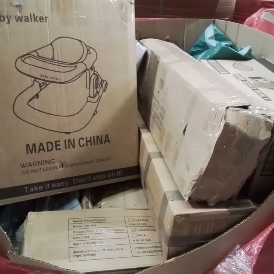 PALLET CONTAINING VARIOUS ASSORTED BOXED HOUSEHOLD ITEMS TO INCLUDE:DUVET COVER, KIDS STROLLER, PLAYPENS, BABY WALKER AND LOTS MORE UNMARKED BOXED ITEMS 