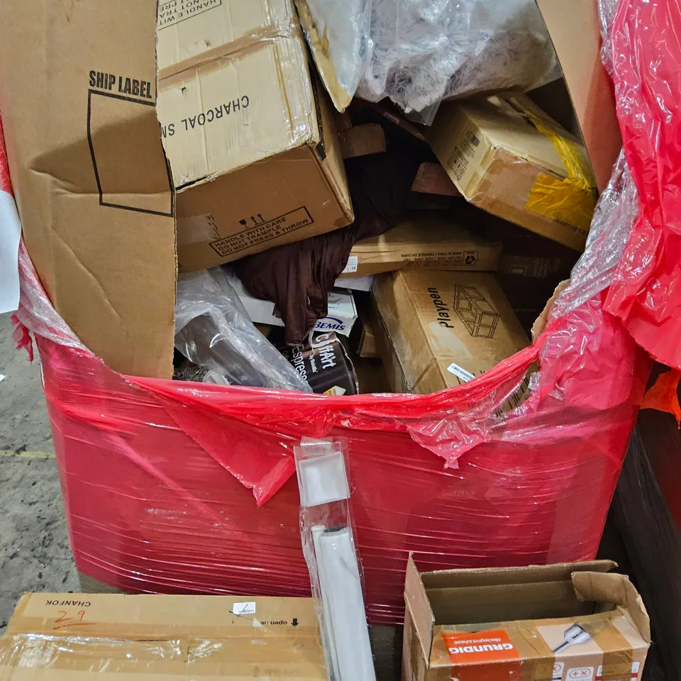 PALLET OF ASSORTED ITEMS TO INCLUDE, SMART CEILING FAN, ROLLER BLIND, 0LAYPEN, COFFEE MACHINE, CHARCOAL SMOKER GRILL, PET BED.
