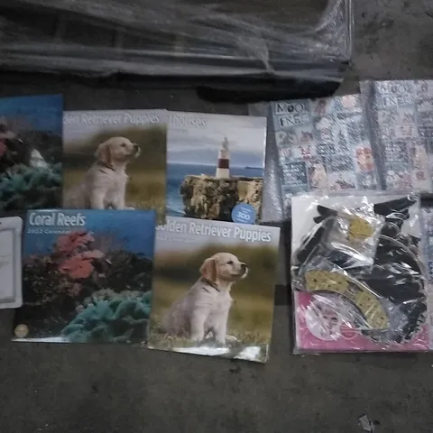 PALLET OF ASSORTED ITEMS INCLUDING 2022 CALENDAR REEFS CALENDAR, 2022 LIGHTHOUSES CALENDAR, BALD CAPS, VIRGINIA PANETTONE AL LIMONENE, CHRISTMAS WINDOW STICKERS, 2022 GOLDEN RETRIEVER PUPPIES