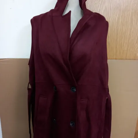WYNNE COLLECTION BONDED FAUX SUEDE DOUBLE BREASTED BELTED WAISTCOAT IN BURGUNDY SIZE 2XL 