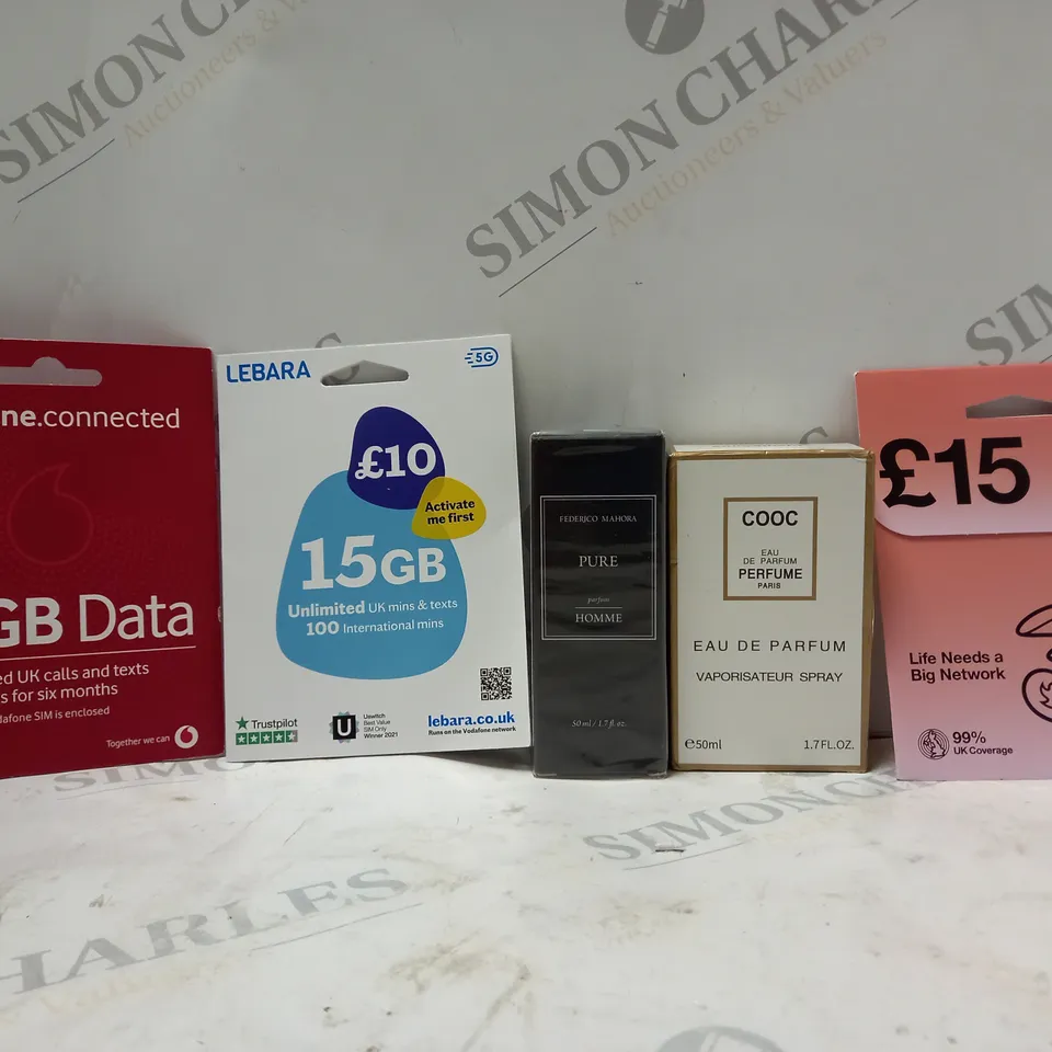 BOX OF APPROXIMATELY 20 ASSORTED ITEMS TO INCLUDE - THREE 25GB - COOC EAU DE PARFUM - LEBARA 15GB SIM ECT