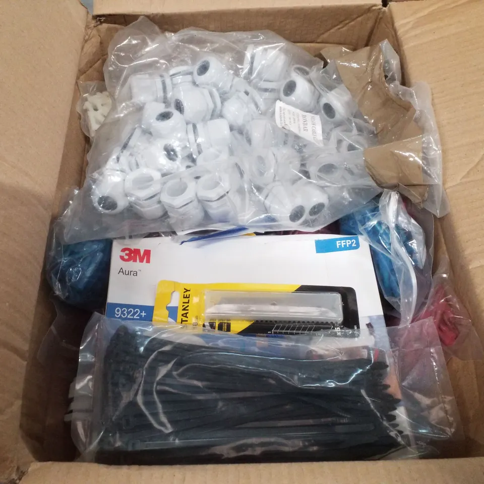 BOX CONTAINING ASSORTED TOOLS & ELECTRICAL INCLUDING STANLEY BLADES, ZIP TIES, FACE MASKS & HEAT SHRINK CONNECTORS
