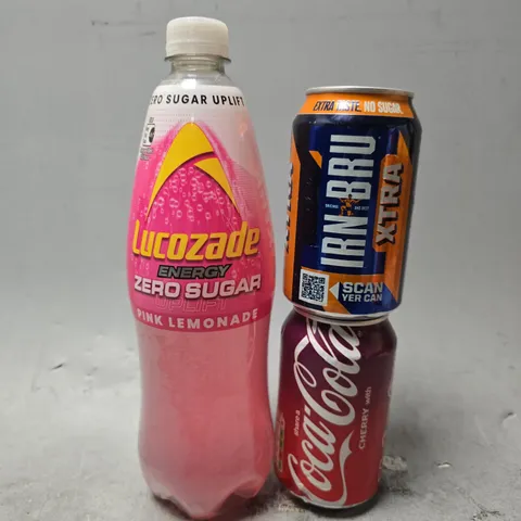 APPROXIMATELY 7 ASSORTED DRINKS ITEMS TO INCLUDE - LUCOZADE PINK LEMONADE , IRN BRU XTRA , COCO COLA CHERRY 