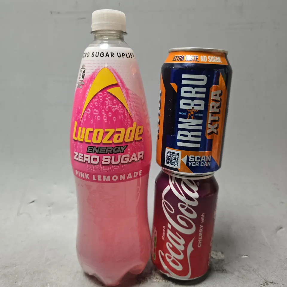 APPROXIMATELY 7 ASSORTED DRINKS ITEMS TO INCLUDE - LUCOZADE PINK LEMONADE , IRN BRU XTRA , COCO COLA CHERRY 