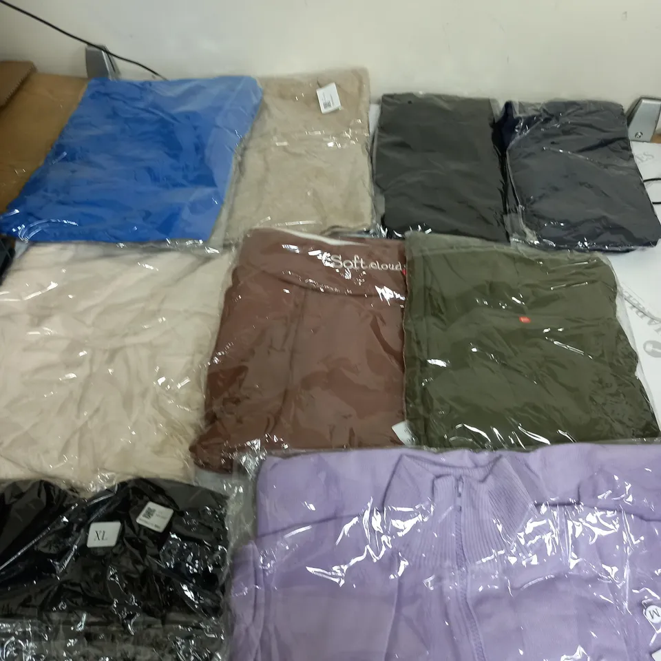 LARGE BOX OF ASSORTED CLOTHING ITEMS IN VARIOUS COLOURS AND SIZES INCLUDING TROUSERS , TOPS AND JUMPERS 