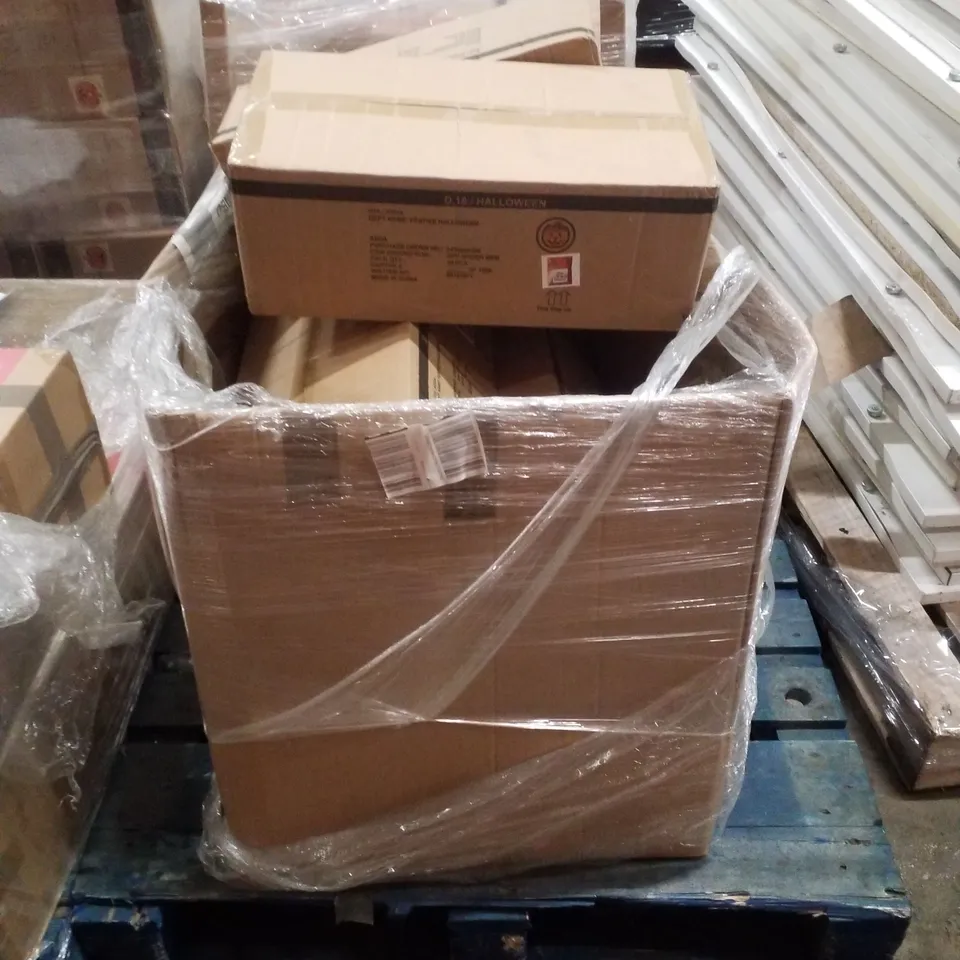PALLET CONTAINING 4 BOXES OF BRAND NEW HALLOWEEN SPIDER WEB DECORATIONS & INFLATABLE PADDLING POOLS