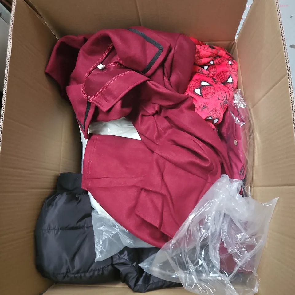 BOX OF APPROXIMATELY 25 ASSORTED CLOTHING ITEMS TO INCLUDE KIDS SPIDERMAN PYJAMA TROUSERS, BRA, KNITTED JUMPER, BUTTONED COAT ETC