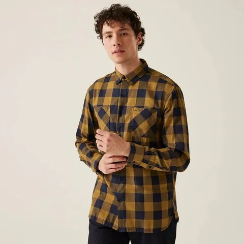 BRAND NEW REGATTA MENS LANCE CHECKED LONG SLEEVE SHIRT NAVY AND UMBER BOLD LARGE