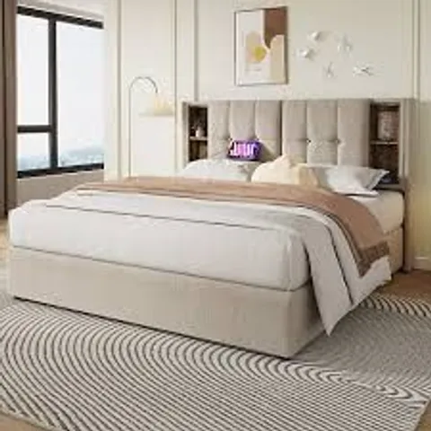 BOXED BTM UPHOLSTERED KING SIZE BED 150X200CM, WIRELESS USB-C CHARGING, HYDRAULIC STORAGE, LINEN NATURAL (2 BOXES)