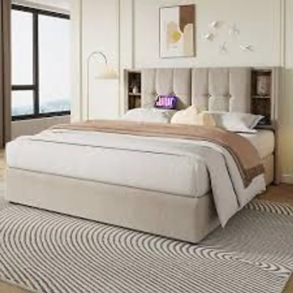 BOXED BTM UPHOLSTERED KING SIZE BED 150X200CM, WIRELESS USB-C CHARGING, HYDRAULIC STORAGE, LINEN NATURAL (2 BOXES)