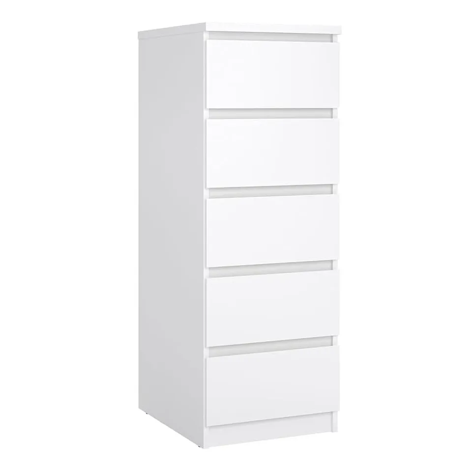 BOXED HIGH GLOSS WHITE 5 CHEST OF DRAWER TALL CABINET HANDLE LESS (1 BOX)