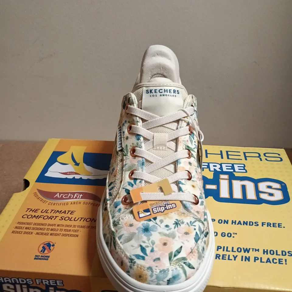 BOXED PAIR OF SKECHERS ARCH FIT ARCADE FLORAL SLIP-ON SNEAKERS – WOMEN'S, UK 6