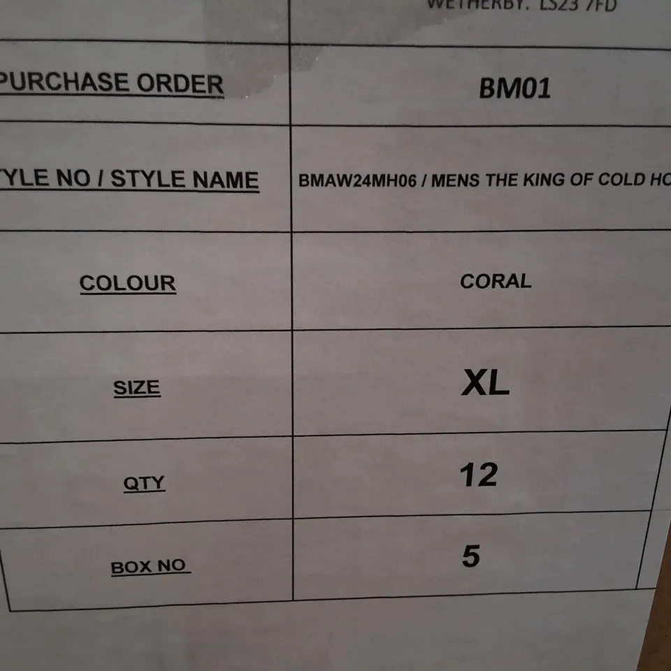 BOX CONTAINING APPROXIMATELY 12 MEN'S THE KING OF COLD HOODY – CORAL, XL