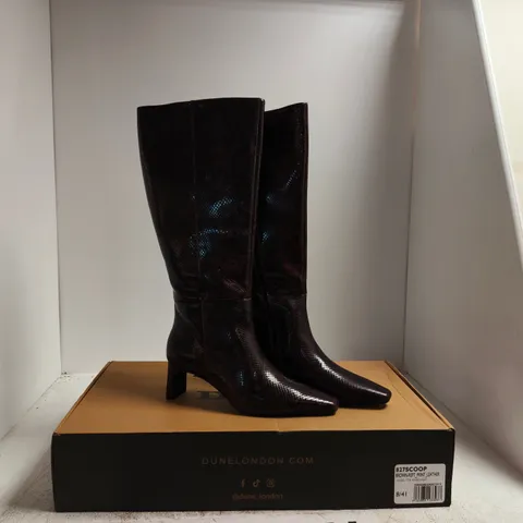 DUNE LONDON BROWN REPTILE PRINT LEATHER KNEE-HIGH BOOTS – CHISEL TOE, UK 8