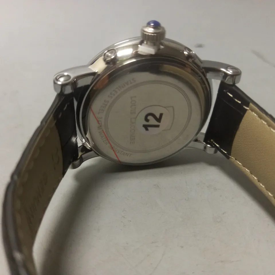 MENS LOUIS LACOMBE CHRONOGRAPH WATCH – MULTI FUNCTION DIAL WITH DATE – ROMAN NUMERAL DIAL – LEATHER STRAP