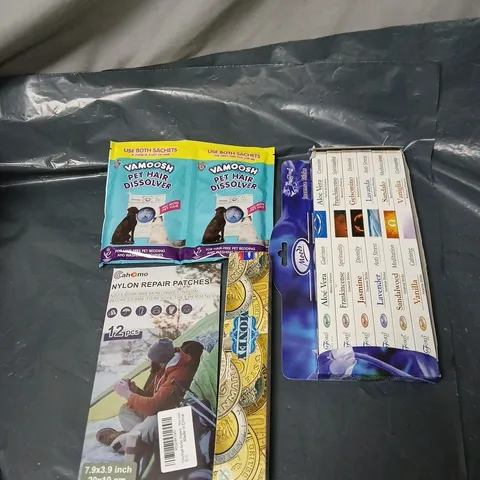 APPROXIMATELY 15 ASSORTED HOUSEHOLD ITEMS TO INCLUDE INCENSE SET, PET HAIR DISSOLVER, NYLON REPAIR PATCHES ETC