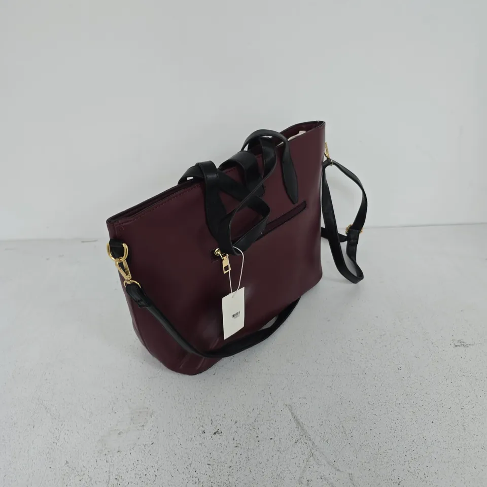 MAROON QUILTED LEATHER HANDBAG WITH BLACK TOP HANDLES AND DETACHABLE SHOULDER STRAP