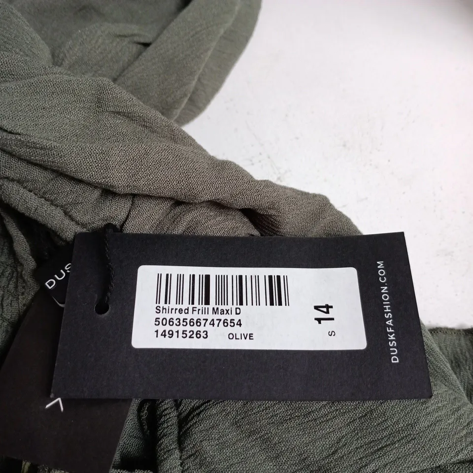 DUSK SHIRRED FRILL MAXI DRESS – OLIVE, UK 14
