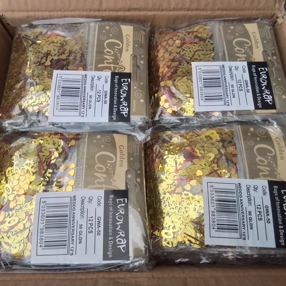 LOT OF 14 BOXES OF BRAND NEW GOLDEN 50 WEDDING ANNIVERSARY CONFETTI - 144 PIECES PER BOX / TOTAL 2016