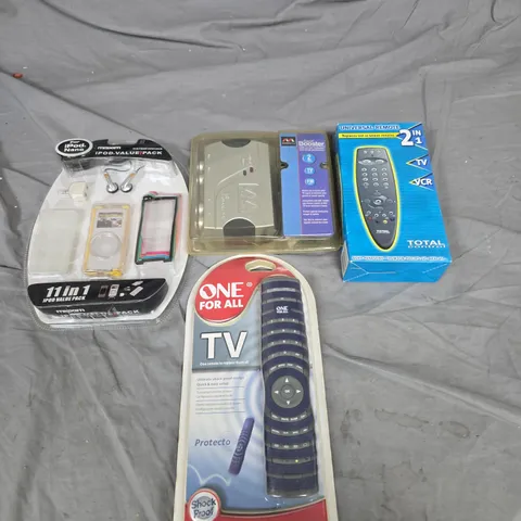 BOX OF APPROXIMATELY 20 HOUSEHOLD ITEMS TO INCLUDE UNIVERSAL REMOTE CONTROLS, IPOD VALUE PACKS AND A SIGNAL BOOSTER