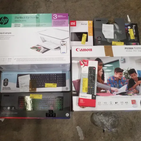 PALLET CONTAINING ASSORTED ELECTRICAL RETURNS INCLUDING CANON PIXMA PRINTER, WIRELESS KEYBOARD, GAMING HEADSET, UNIVERSAL REMOTE & AERIAL