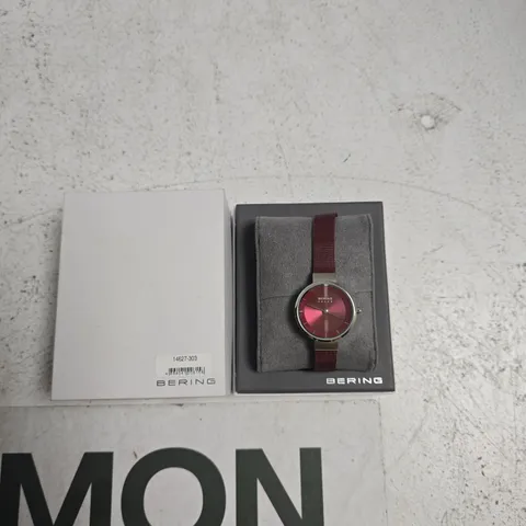 BERING STAINLESS STEEL WATCH – RED MESH STRAP, BOXED (WORLD MAP CASEBACK)
