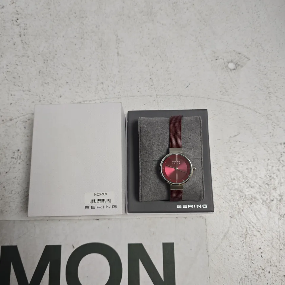 BERING STAINLESS STEEL WATCH – RED MESH STRAP, BOXED (WORLD MAP CASEBACK)
