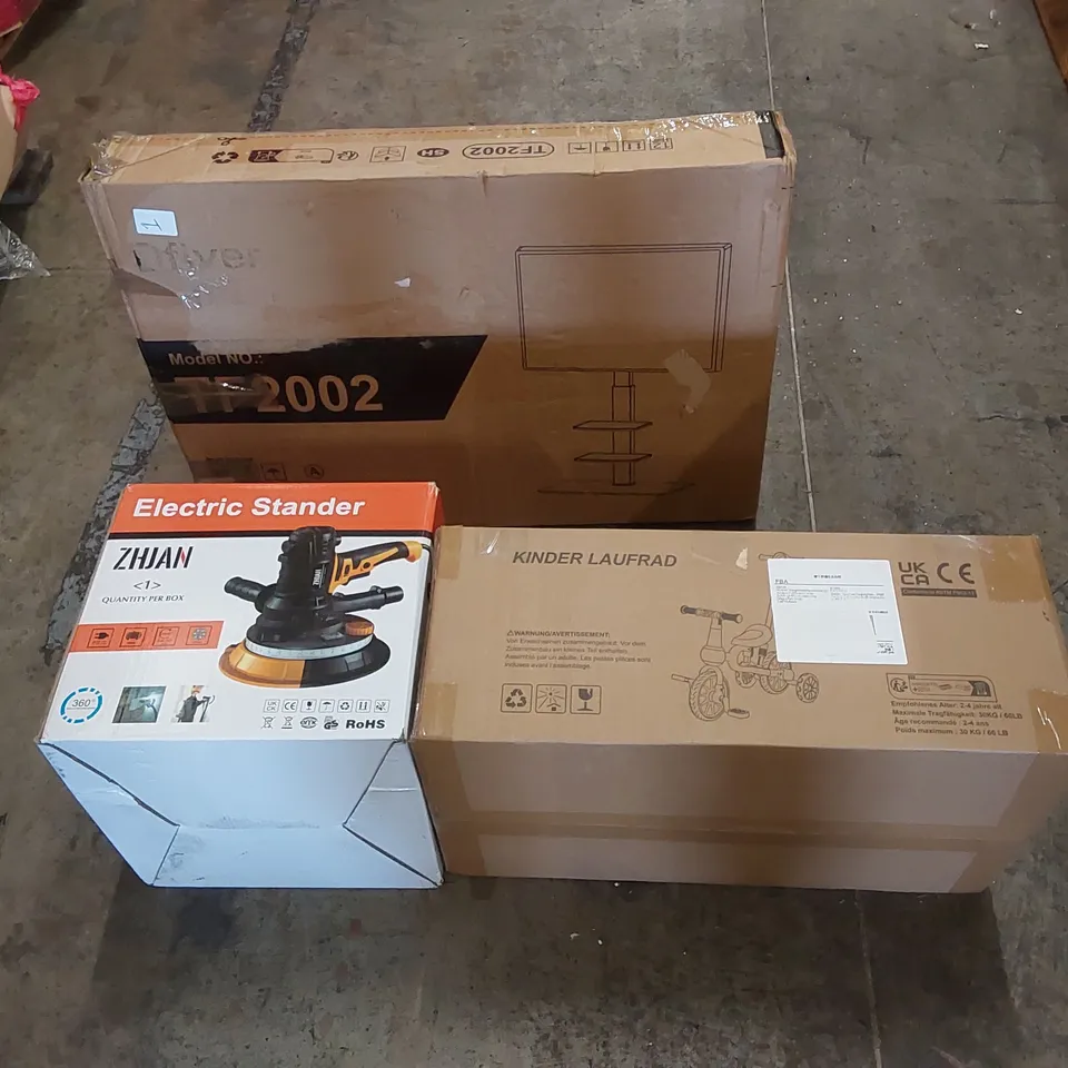 PALLET OF ASSORTED HOUSEHOLD ITEMS AND CONSUMER PRODUCTS TO INCLUDE; TV STANDS, ELECTRIC SANDER, KIDS TRICYCLE, BOXED FURNITURE ETC