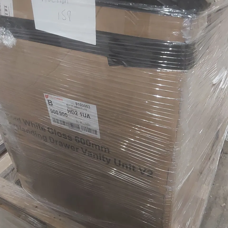 PALLET CONTAINING A LARGE QUANTITY OF ASSORTED FURNITURE ITEMS INCLUDING: WHITE GLOSS VANITY UNITS, SINK, TOWEL RADIATOR ECT
