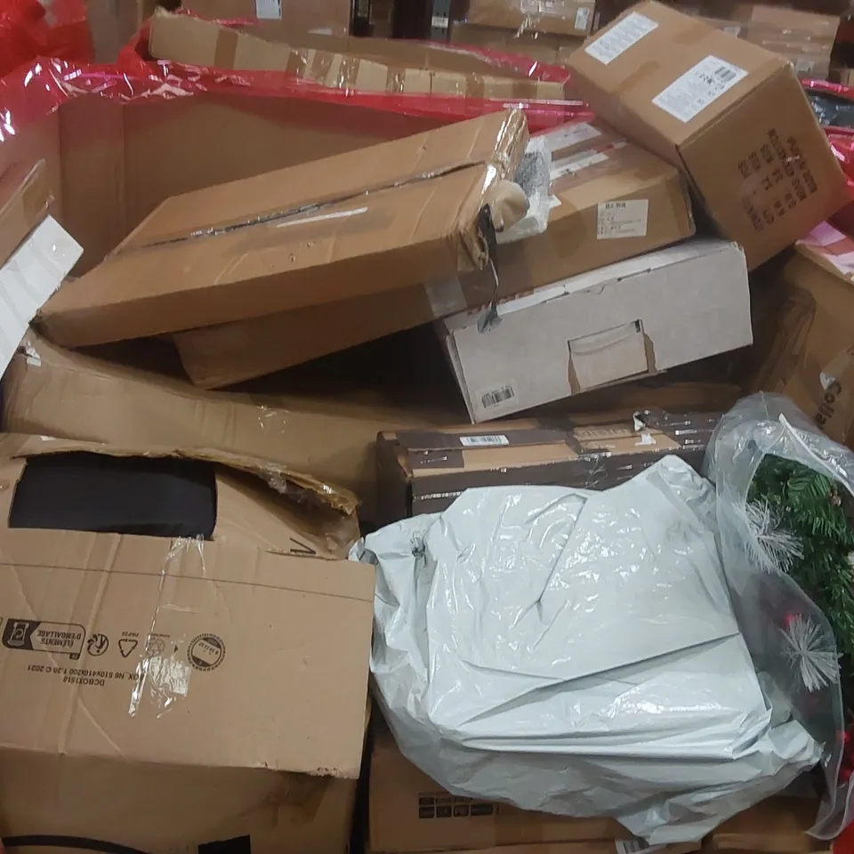 PALLET CONTAINING ASSORTED ITEMS TO INCLUDE: OFFICE CHAIR, SHOWER MIXER SYSTEM, CEILING LAMP, TOWEL BAR, ELECTRIC HEATED BLANKET ECT