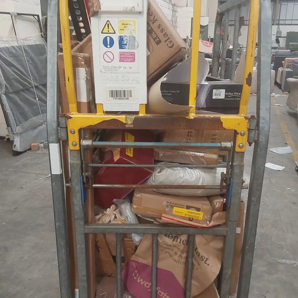 CAGE CONTAINING A LARGE QUANTITY OF ASSORTED ITEMS INCLUDING: BABY PLAYPEN, PAINTING, GLASS KETTLE, DINNERWARE ECT // CAGE NOT INCLUDED