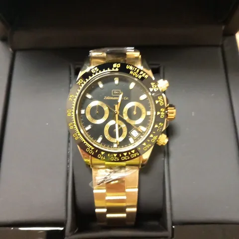 MENS ZIHLMANN & CO Z400 WATCH β CHRONOGRAPH MOVEMENT β GOLD STAINLESS STEEL STRAP β BLACK DIAL β 3ATM WATER RESISTANT β RRP Β£620