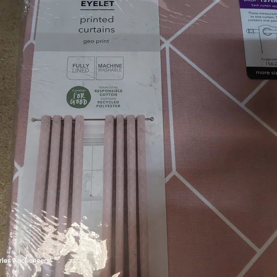 PAIR OF BRAND NEW EYLET GEO PRINTED CURTAINS FULLY LINES W168 D 137cm