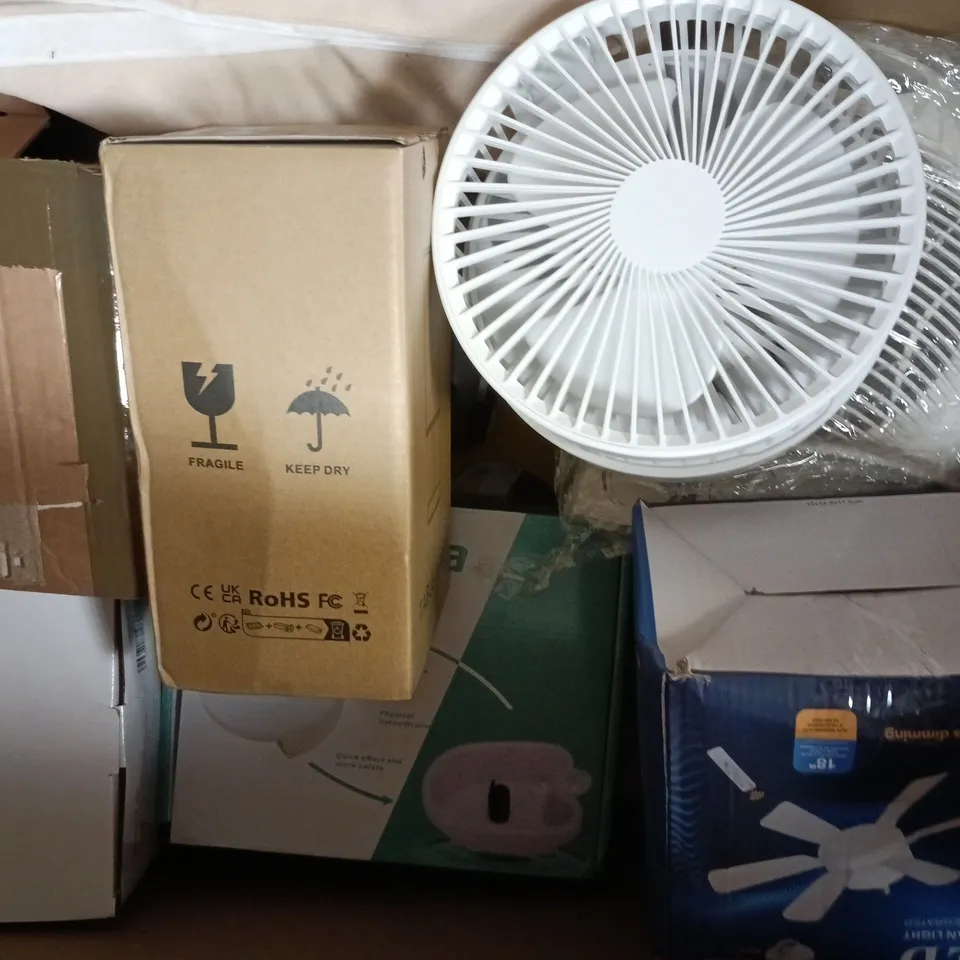 BOX OF APPROXIMATELY 20 ASSORTED HOUSEHOLD ELECTRICAL ITEMS TO INCLUDE FLOWER FAN LIGHT, ETC - COLLECTION ONLY