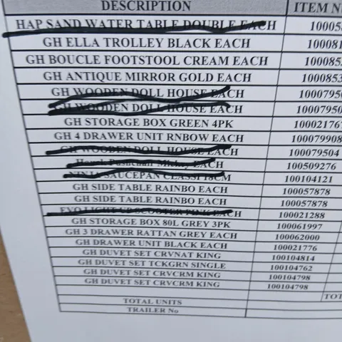 PALLET OF APPROXIMATELY 12 ASSORTED PRODUCTS TO INCLUDE; BOUCLE FOOTSTOOL, ANTIQUE MIRROR, STORAGE BOX, SIDE TABLE, DUVET SET AND ELLA TROLLEY