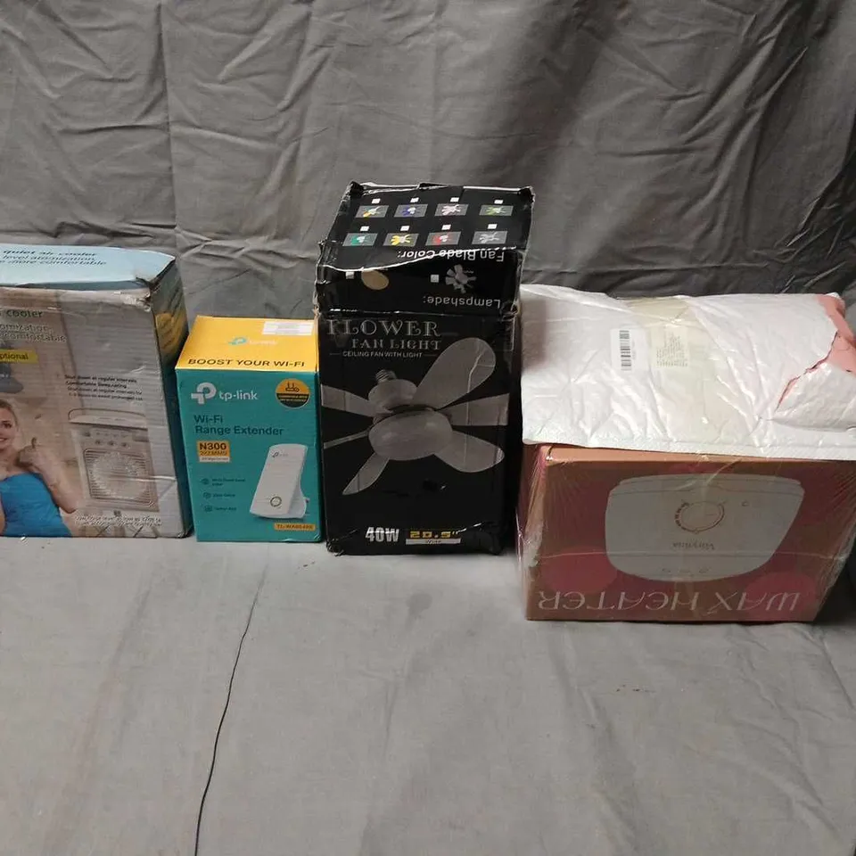 CAGE OF ASSORTED ELECTRICAL PRODUCTS TO INCLUDE; MELT WARMER, FAN LIGHT, TP LINK AND AIR COOLER