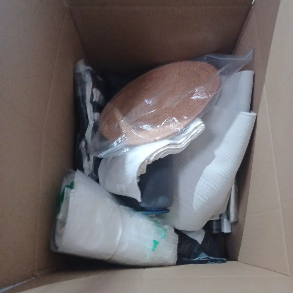 BOX OF APPROXIMATELY 20 ASSORTED HOUSEHOLD ITEMS INCLUDING MEASURING JUGS , DISPOSABLE BREAST PADS AND CHRISTMAS WRAPPING PAPER