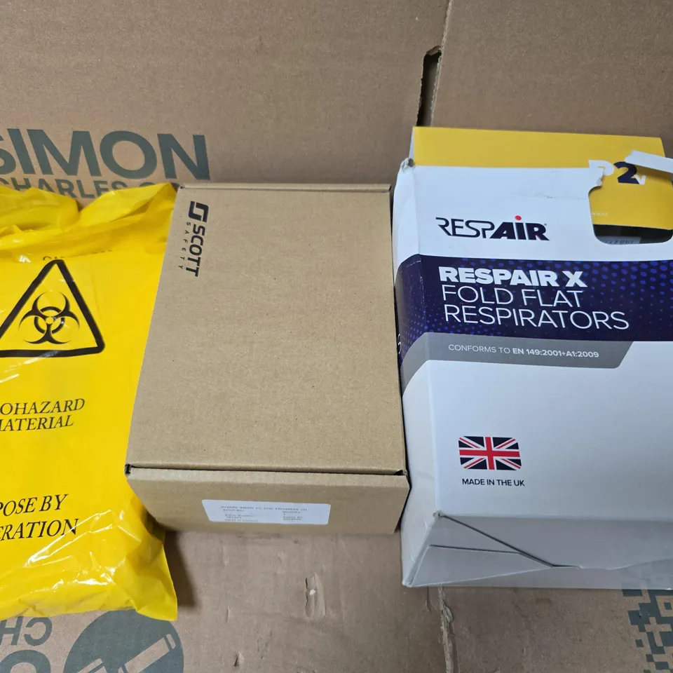 BOX OF APPROXIMATELY 10 ASSORTED PPE EQUIPMENT TO INCLUDE BIO HAZARD BAGS  , RESPIRATORS AND SAFEY GLASS