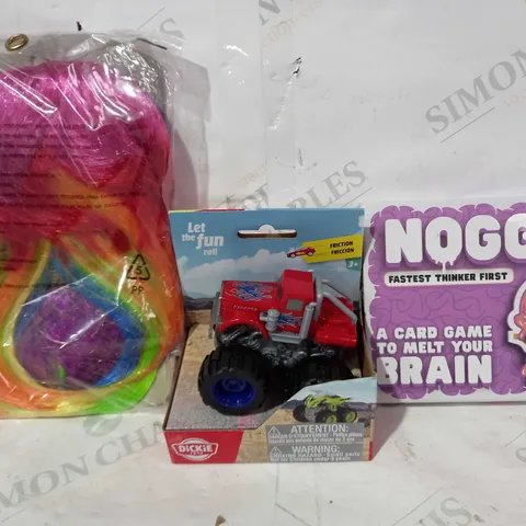 BOX OF APPROXIMATELY 15 ASSORTED TOYS AND GAMES TO INCLUDE NOGGIN CARD GAME, DICKIE TOYS 4X4 TRUCK, PARTY WIG, ETC