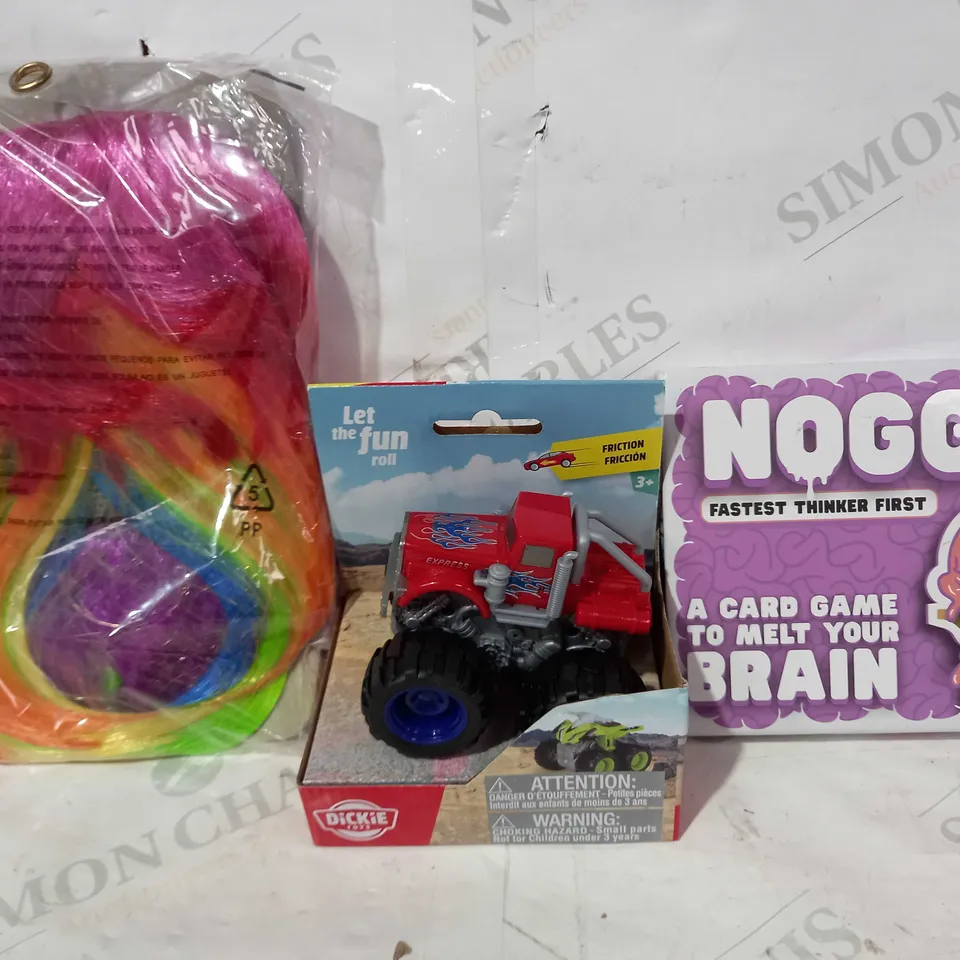 BOX OF APPROXIMATELY 15 ASSORTED TOYS AND GAMES TO INCLUDE NOGGIN CARD GAME, DICKIE TOYS 4X4 TRUCK, PARTY WIG, ETC