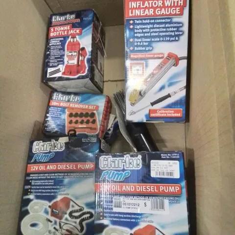 BOX OF MIXED TOOLS TO INCLUDE: 5 TONNE BOTTLE JACK, X2 OIL AND DIESEL PUMPS, AND BOLT REMOVER 